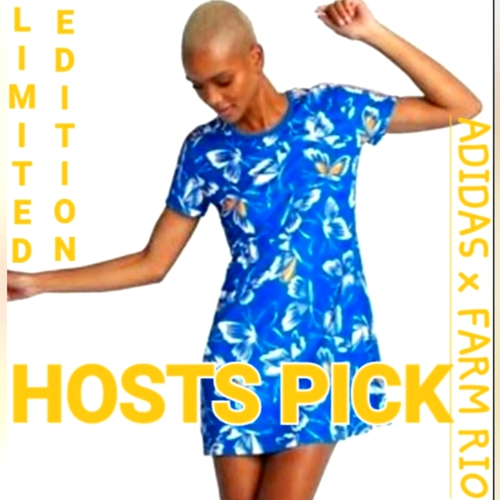 HP ADIDAS Farm Rio Royal Blue Butterflies SS Rainbow Logo Trim Sporty Mini Dress